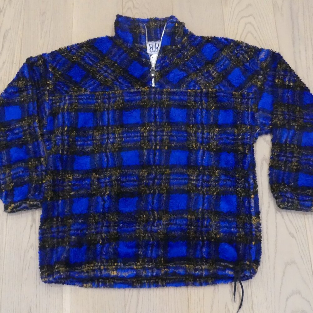 R&R Sport Vintage Blue / Black Plaid Acrylic Fleece Half-Zip Sweater Womens XL